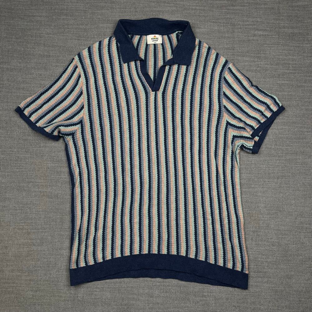 Marine Layer Liam Sweater Polo Mens Large Striped Knit Johnny Collar Preppy
